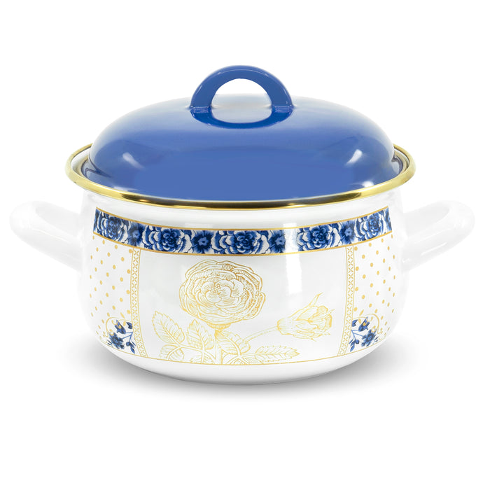 Red Co. Small Enameled Cookware 7" Belly Deep Metal Casserole Induction Pot with Lid, Handles, Vintage Gold and Blue Flower Pattern Design - 3 Quart