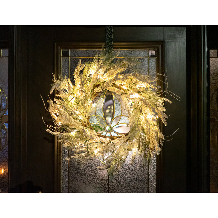 Red Co. 22 Inch Light-Up Christmas Wreath with White Berries and Cedar Leaves, Solar Powered LED Lights