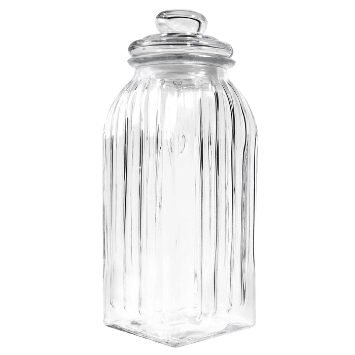Exclusive Line Ripple Square Glass Food Storage Jar Canister with Lid, 64.2 Ounces