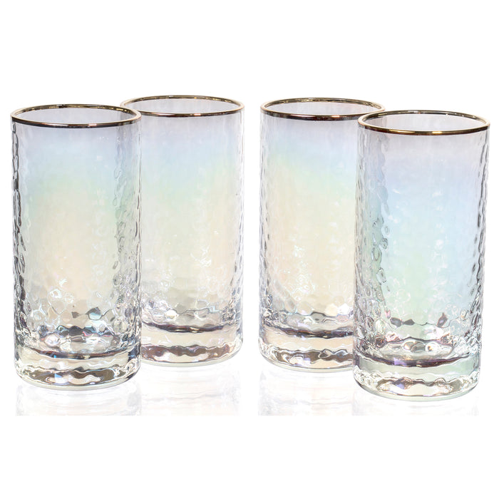 Set of 4 Iridescent Cylinder Drinking Glasses with Gold Rim (10 fl oz)