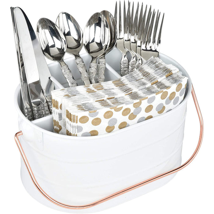 Red Co. 10" x 7" Enameled Metal Utensil Caddy & Countertop Flatware Organizer with Handle, Farmhouse White/Rose Gold