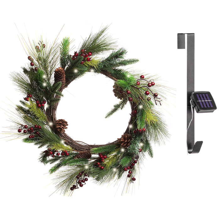 Red Co. 22 Inch Light-Up Christmas Wreath with Pinecones & Pine, Solar Powered LED Lights