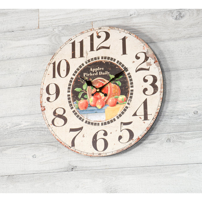 Apples Picked Daily — Round Wood Style Wall Clock - Farmhouse Rustic Home Decor - 13 Inches Diameter