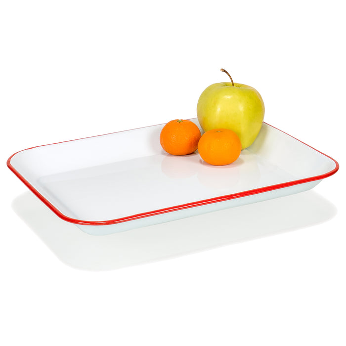 Red Co. 13.5” x 10” Enamelware Metal Classic 1.6-Quart Rectangular Serving Tray, Solid White/Red Rim