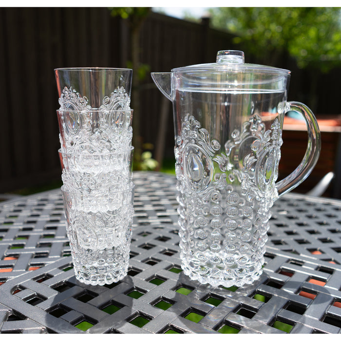 Break Resistant "Dew Drop" Clear Plastic Pitcher with Lid and 4 Tumbler Glasses Drinkware Set - Perfect for Iced Tea, Sangria, Lemonade (82 fl oz. pitcher - 14.5 fl oz. glasses)