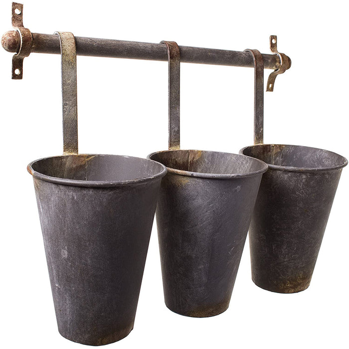 Rustic Tin Pots Galvanized 3 Hanging Wall Flower Holder Planter Pot Vase Cup Baskets Set on a Rack
