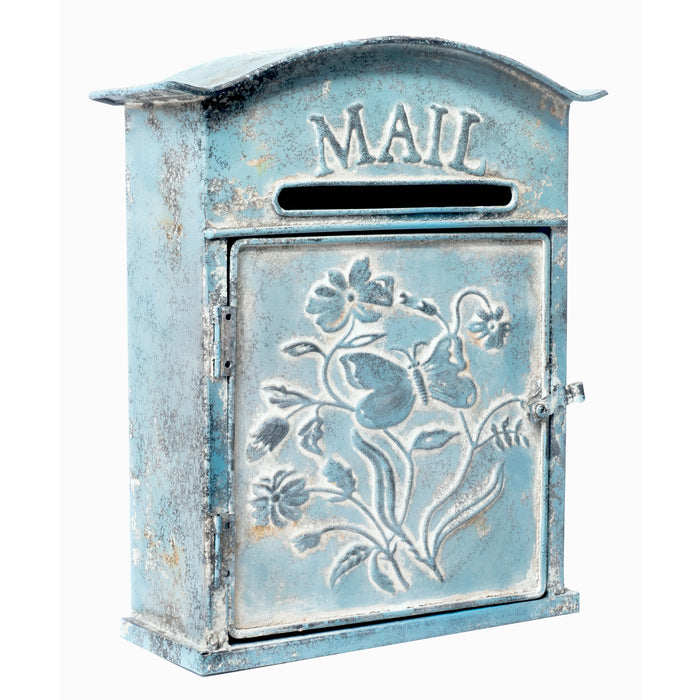 Farmhouse Embossed Tin Wall Mounted Post Mailbox, Rustic Style Decor, Distressed Blue - 12.5 H x 11 W Inches