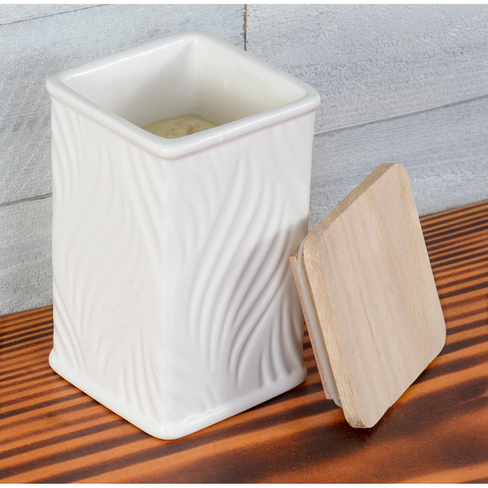 Swan Creek Highly Scented Pillar Candle in Square Ceramic Canister with Lid, White Collection – Assorted Patterns – Cherry Almond Buttercream, 13 oz.