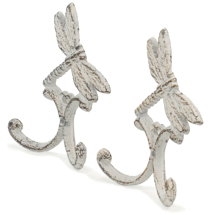 Red Co. Decorative Boho Chic Metal Wall Hanging Dragonfly Double Hook Hangers in Distressed White Finish – Set of 2