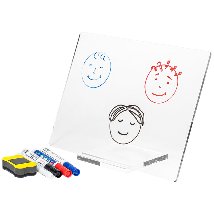 Red Co. 12” x 9” Clear Acrylic Dry Erase Desktop Note Board with Stand, 4 Markers and Eraser