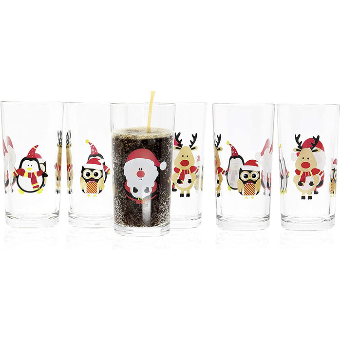 Red Co. Christmas Glass Set of 6, with Reindeer Penguin Owl and Santa Festive Drinking Cups for Holidays 8.45 oz.