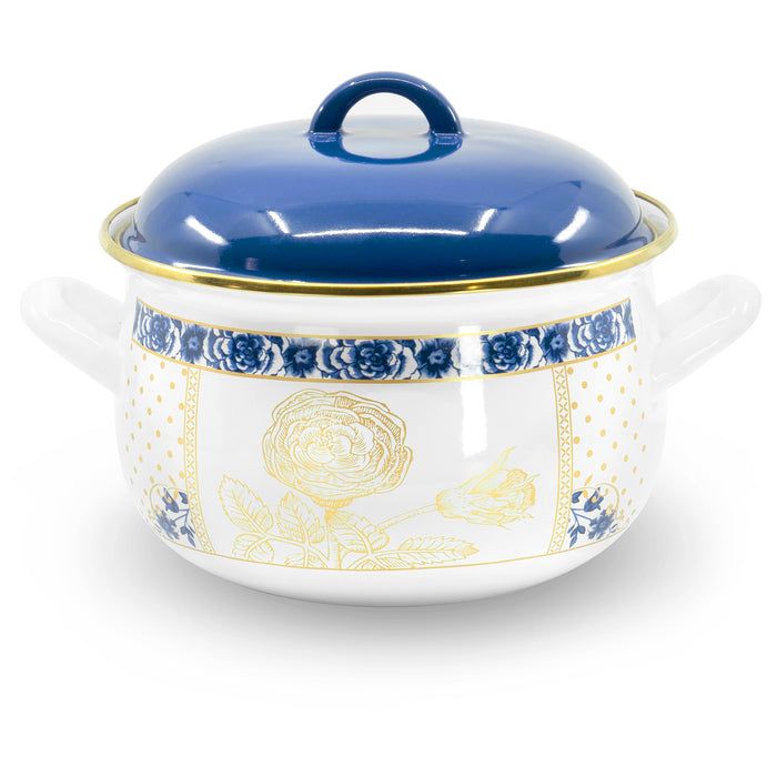 Red Co. Medium Enameled Cookware 8" Belly Deep Metal Casserole Induction Pot with Lid, Handles, Vintage Gold and Blue Flower Pattern Design - 4 Quart