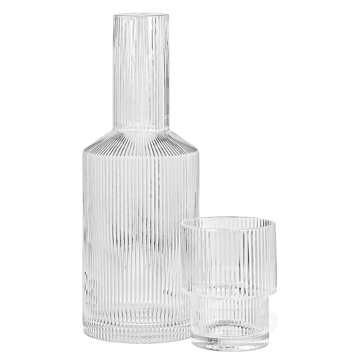 Red Co. Textured Round Clear Glass Bedside Water Serving Carafe with Tumbler – 2-Piece Beverage Set