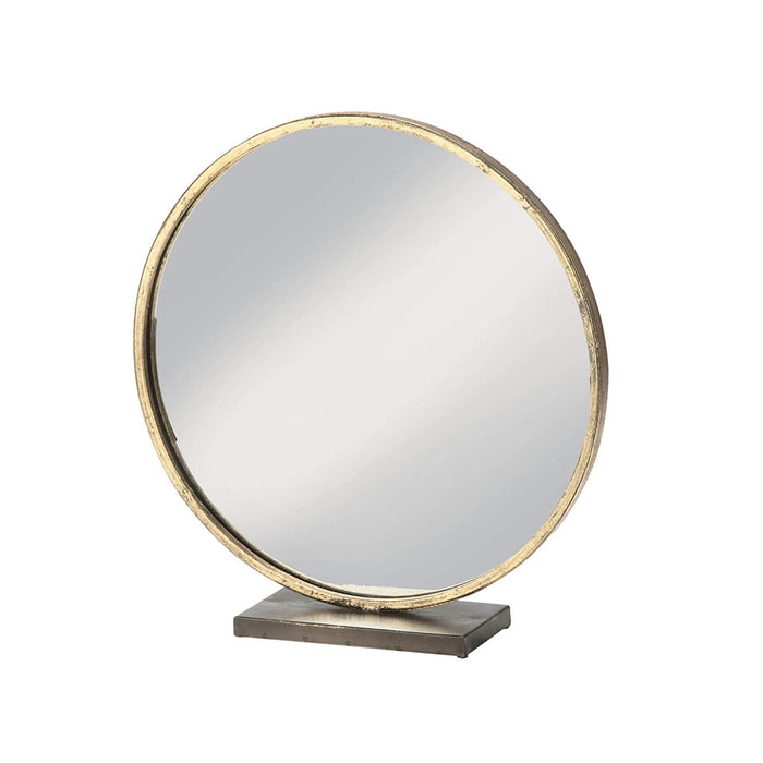 Large Loft Style Gold Beveled Round Mirror in Antique Brass Frame - Table Top Makeup Decor - 16"