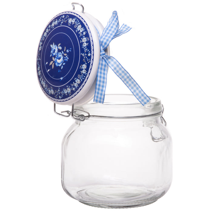 Exclusive Medium Food Storage Glass Jar Canister with White and Blue Ceramic Flip Airtight Lid and Decorative Ribbon Bow, 28 Ounces