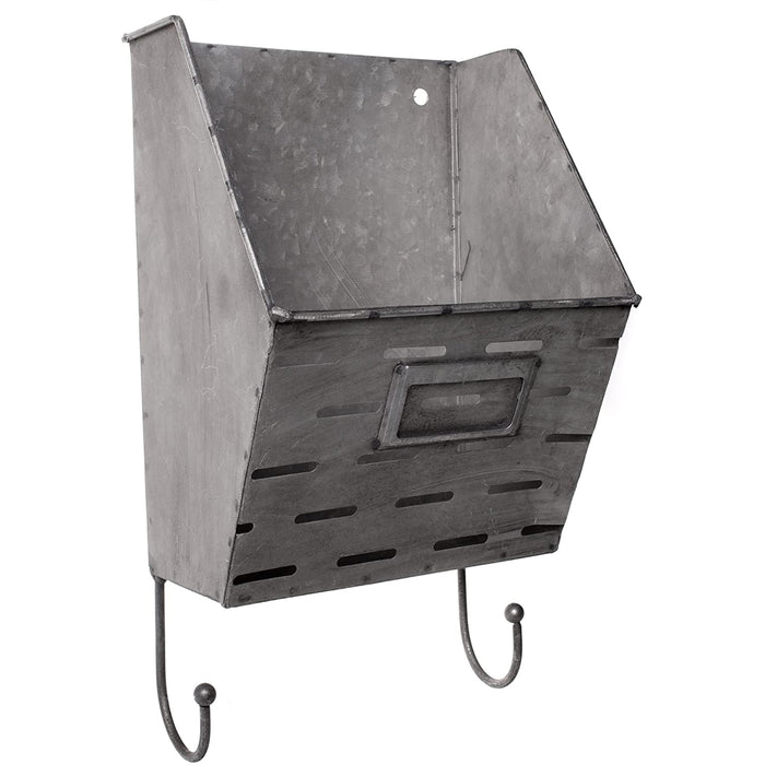 Galvanized Metal Wall Pocket with Hooks - 13 x 7 Inches