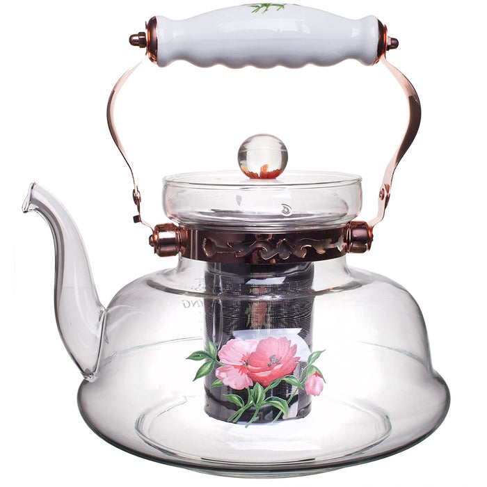 Pastel Flowers European Style Glass Stovetop Teapot with Stainless Steel Infuser