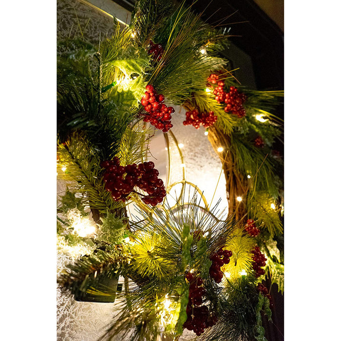 22 Inch Light-Up Christmas Wreath with Pine & Red Cranberries, Plug-in Operated LED Lights