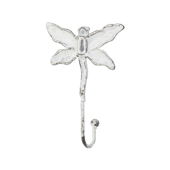 Red Co. Decorative Boho Chic Metal Wall Hanging Dragonfly Hooks in Distressed White Finish – Set of 2