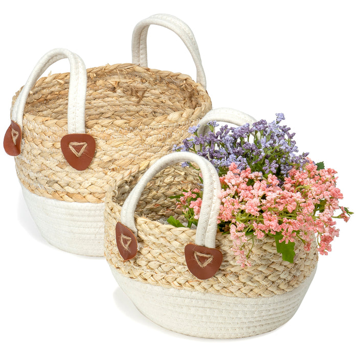 Red Co. Set of 2 Decorative 10” and 9” Round Nesting Seagrass Storage Baskets with Handles, Beige / White