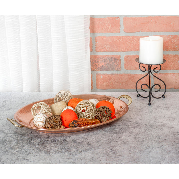 Red Co. Stainless Steel Oval Decorative Organizer Tray with Hammered Copper Finish and Brass Handles, 16" x 11" x 1.25"