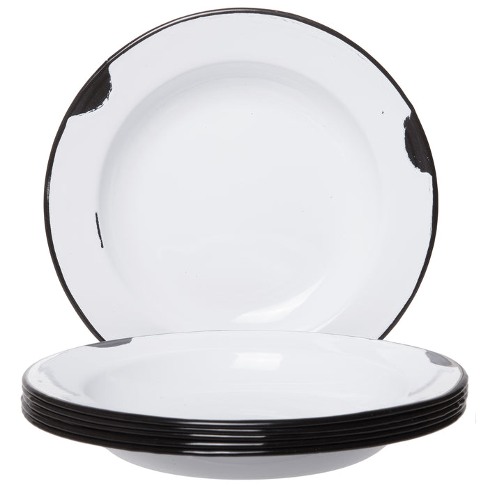 Distressed Enamelware Plates White Body with Black Rim - Set of 6-8 Inch Diameter, Perfect for Picnic, Camping and Outdoor Activity