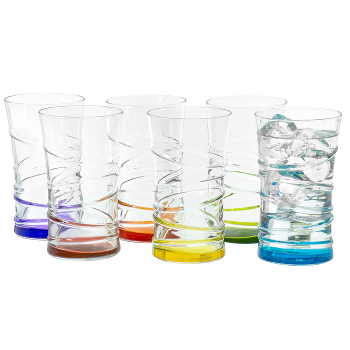 Dancing Circles Clear Tumbler Multi Colored Base Drinking Glass for Water, Juice, Beer, Whiskey, and Cocktails, 11 Ounce - Set of 6
