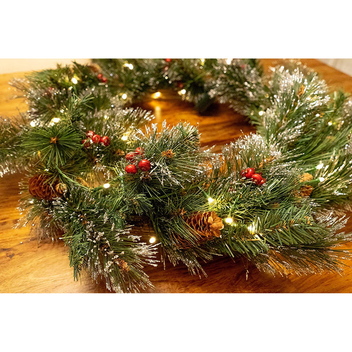 Red Co. 26 Inch Light-Up Christmas Wreath with Pinecones & Pine, Battery Operated LED Lights with Timer