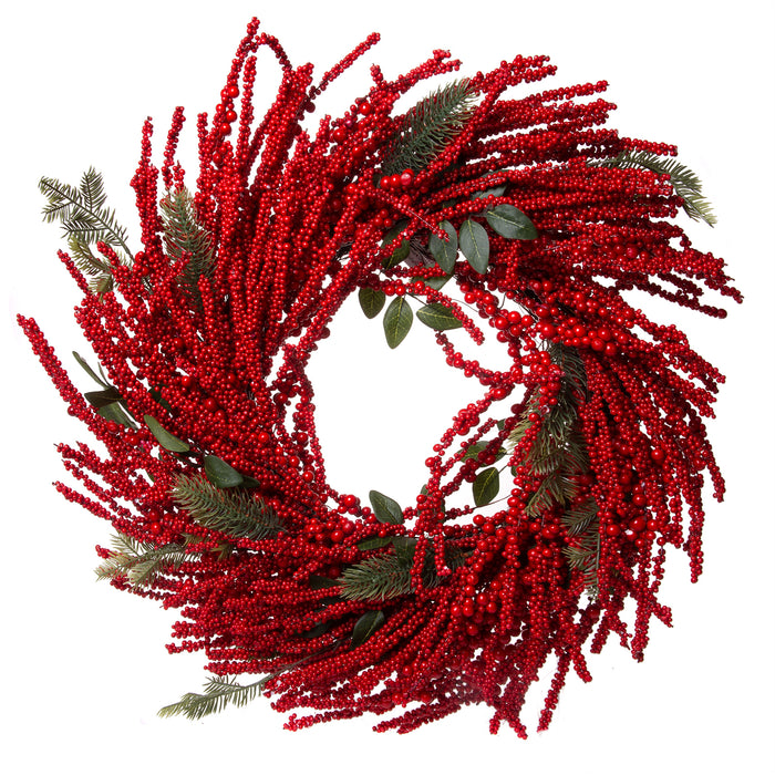 Vibrant Artificial Red Berry Burst Wreath - Great Front Door and Wall Winter Christmas Decoration - 28 Inches