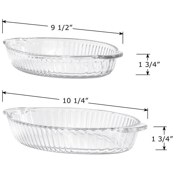 Red Co. Oval Glass Ribbed Serving Dish with Handles for Hot and Cold Foods, Salads, Fruits, Rolls, Dishwasher Safe - 10.25" x 6" x 1.75", Set of 2