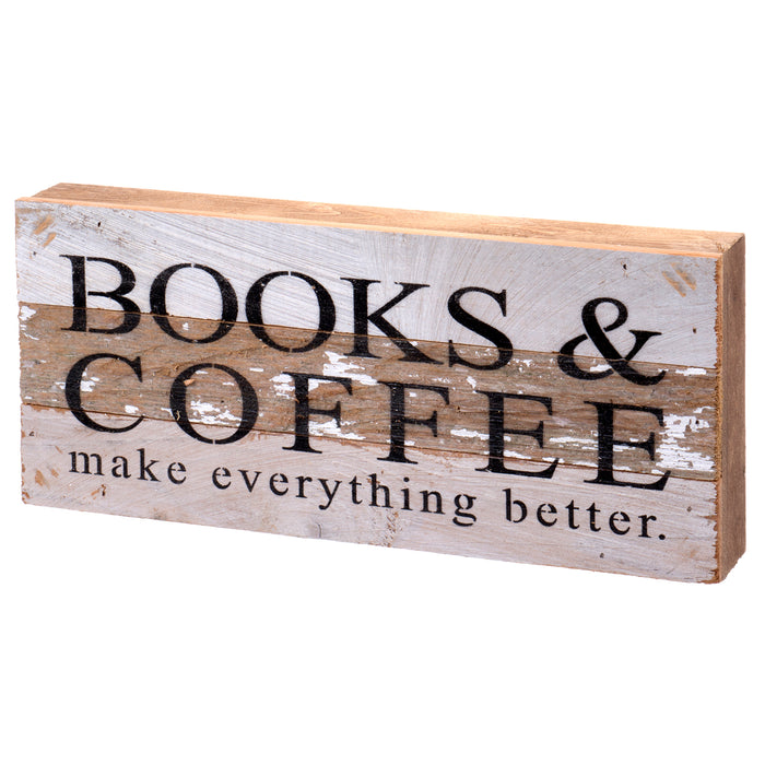 Second Nature By Hand 14x6 Inch Reclaimed Wood Art, Handcrafted Decorative Wall Plaque — Books & Coffee Make Everything Better