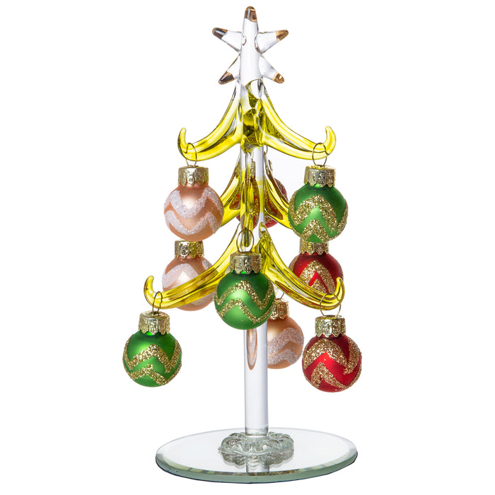 Mini Glass Christmas Tree, Small Table Top Holiday Season Décor with Removable Sphere Ornaments, Multicolor Silver & Gold Striped, 6 Inches