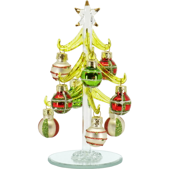6 Inch Mini Glass Christmas Tree Tabletop Decoration with 9 Colorful Removable Ornaments — Silver Glitter Stripes