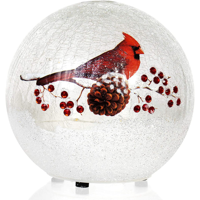 Red Co. 6 inch Lighted Crackle Glass Decorative Globe, Battery Operated Lantern, Cardinal