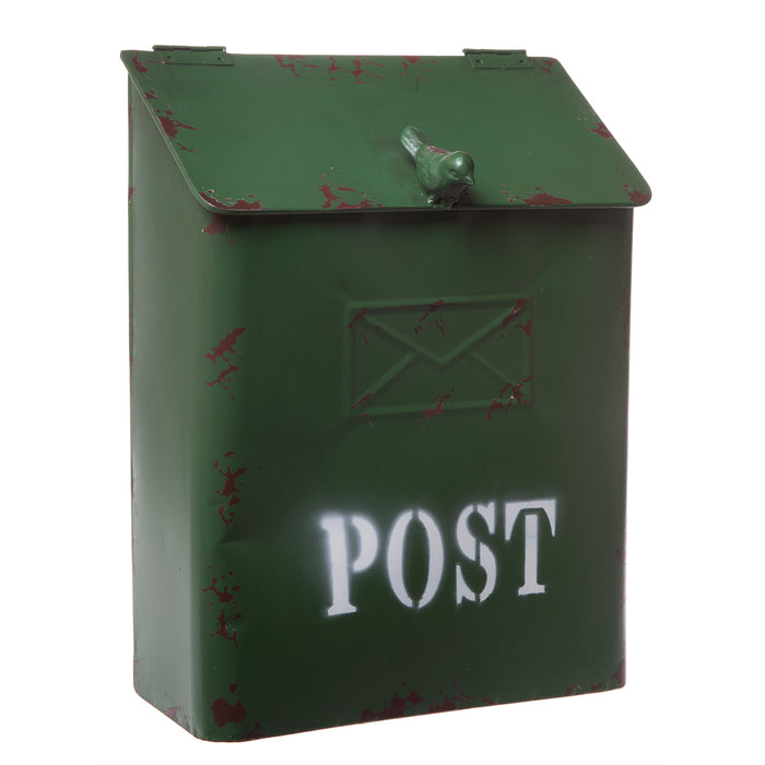 Country Cottage Green Metal Bird Post Mailbox - Rustic Style Décor, Small
