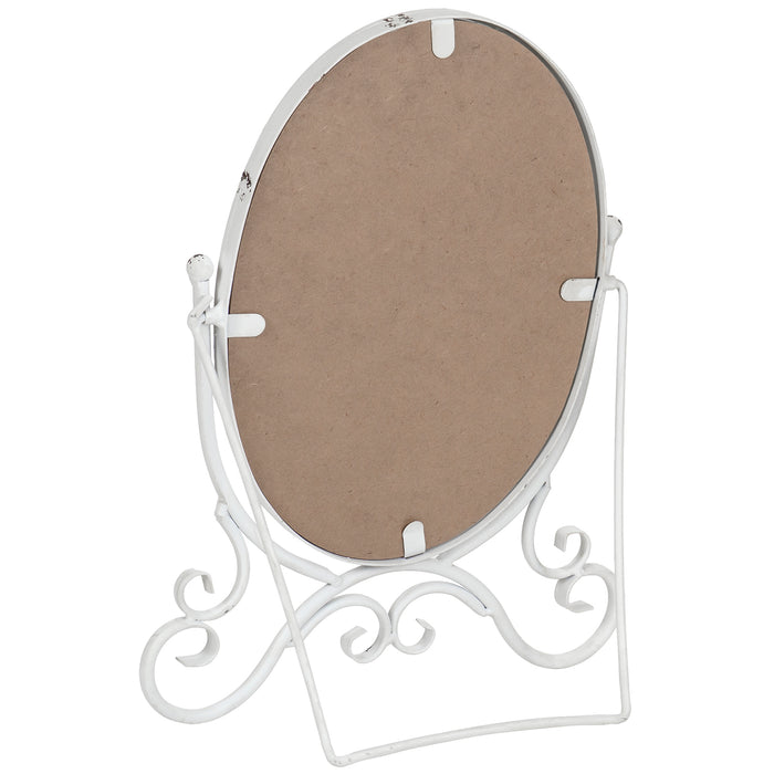Red Co. Vintage Distressed White Painted Metal Tabletop Oval Swivel Mirror, 10.25" x 15"