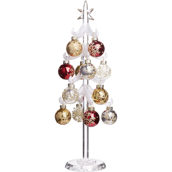 Snowy White Christmas Tree, Mini Glass Decoration with Removable Sphere Ornaments, Holiday Season Décor, 12-inch
