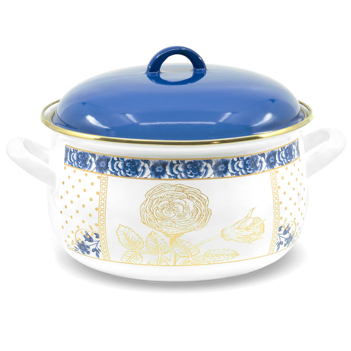 Red Co. Large Enameled Cookware 9.5" Belly Deep Metal Casserole Induction Pot with Lid, Handles, Vintage Gold and Blue Flower Pattern Design - 6.5 Quart