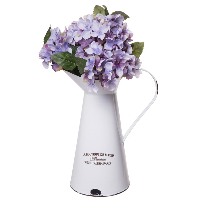 Country Style Enamelware Rusted French Metal Pitcher in White La Boutique De Fleurs- 10 Inches High