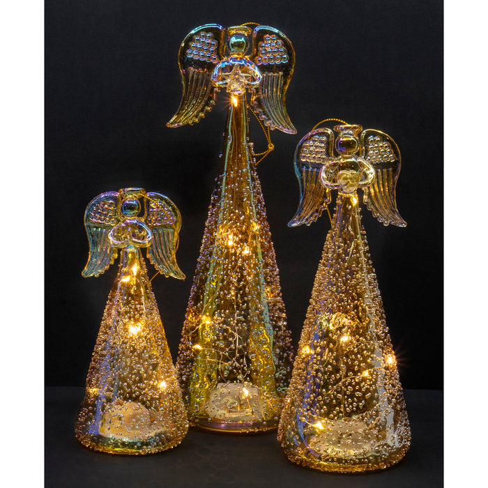 Red Co. Glass Christmas Holy Angel Figurine Ornaments, Iridescent Light-Up Holiday Season Decor, 9.5-inch, 8-inch, 6.5-inch, Set of 3