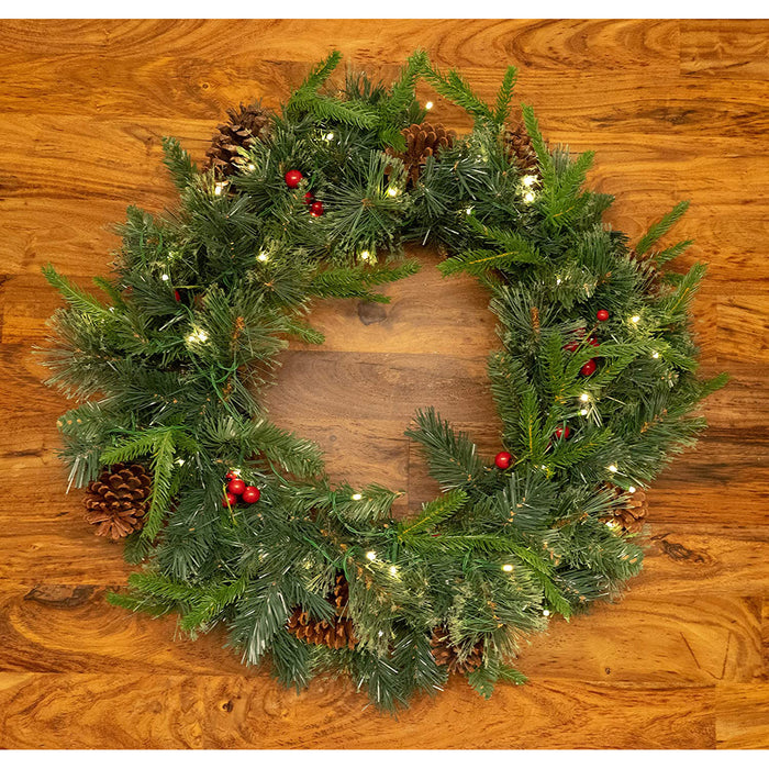 Red Co. Artificial Christmas Wreath with Pine & Red Cranberries, Festive Indoor Outdoor Wall Decoration, Battery Operated LED Lights with Timer - 24-inch