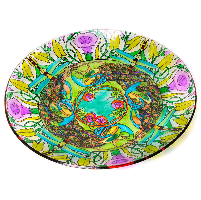 Round Glass Bird Bath, Accent Bowl - Garden Art Decorative Tray Dish Centerpiece - 18" Large Bird Feeder Flower Pattern