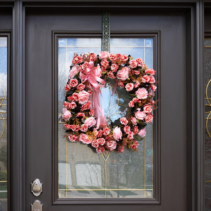 Red Co. 18" Lavishly Pink Roses with Ribbon, Artificial Spring & Summer Wreath, Door Backdrop Ornaments, Home Décor Collection
