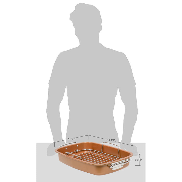 Red Co. Rectangular Copper Non-Stick Roasting Pan with Floating Chrome Rack 2 Piece Set for Baking, Roasting, Oven, Serving - 19.75" x 12.5"