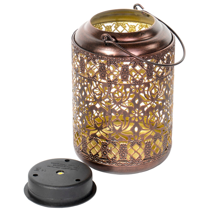 Solar Hanging LED Light Metal Waterproof Lantern - Vintage Decorative Table Lamp for Garden Yard or Patio, Bronze Floral Pattern