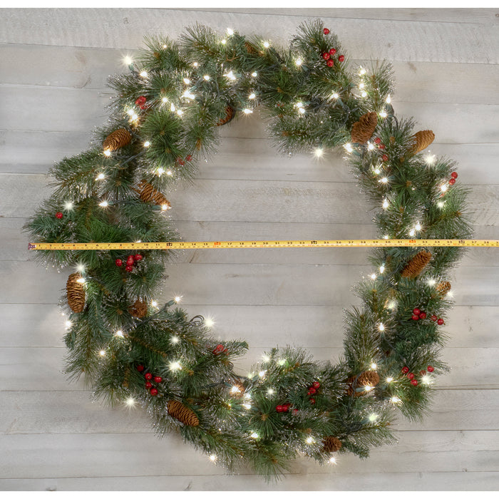 Red Co. 36 Inch Light-Up Christmas Wreath with Pinecones & Pine, Plug-in Operated LED Lights