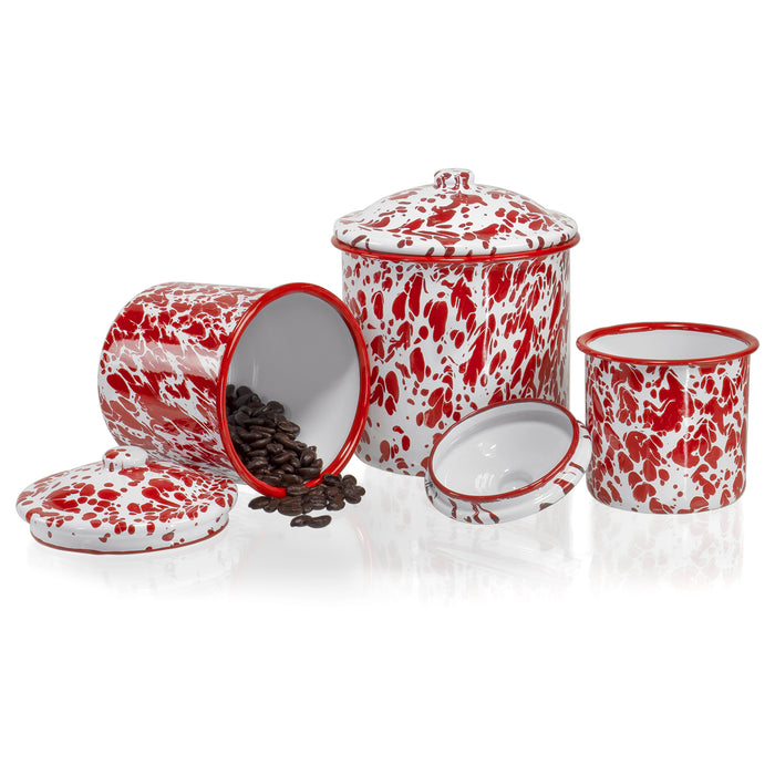 Red Co. Red Splatter Enamelware Mug Pots with Lid - Set of 3 Nesting Cups, Perfect for Picnic, Camping, Outdoor Activity