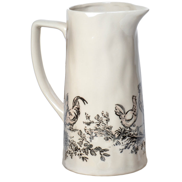 Farmhouse Collection Glossy Ceramic Stoneware Pitcher, Spouted with Handle, Country Black & White Chicken Design - 64 oz.