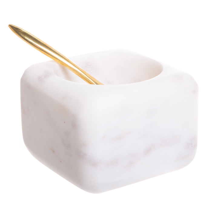Artisanal White Marble Special Herbs and Salt Bowl with Brass Salt Spoon, 3-inch