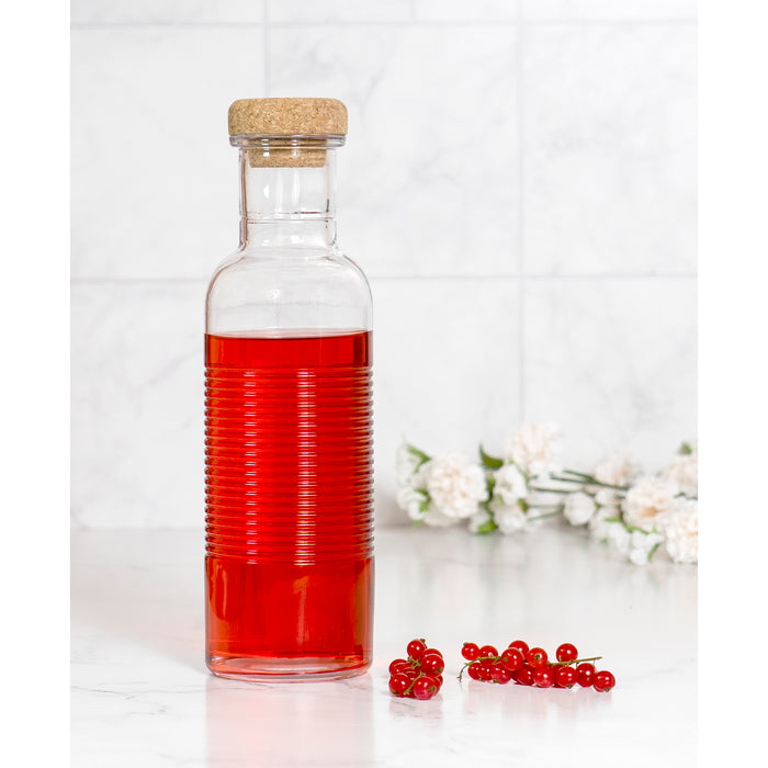 Red Co. Ribbed Glass Bottle with Cork Topper Storage Container for Water, Juice, Beverage, 33.8 oz.